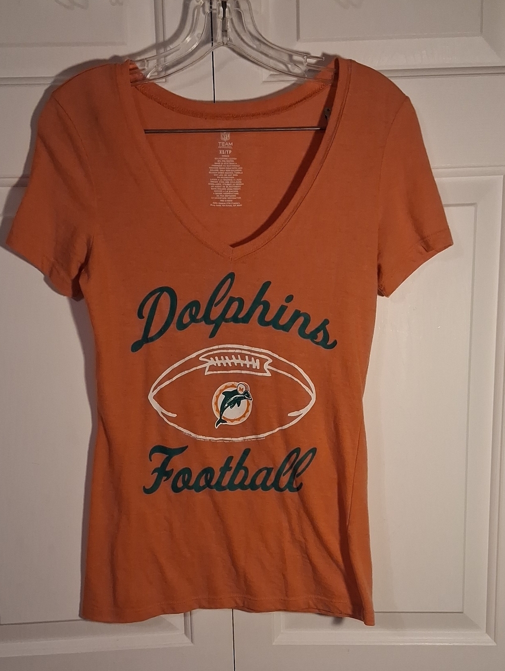 NFL Women's Orange V-Neck Dolphins Football Tee